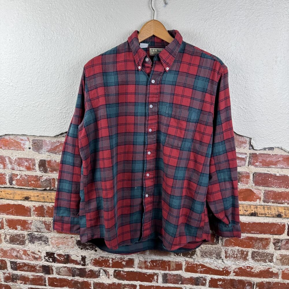 Vintage LL Bean Shirt Mens Large Red Green Flannel Plaid Button Down USA 90s